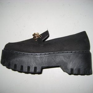 Rouge Broadway Black Faux Suede High Platform Flat with Gold Chain Size 6 NEW